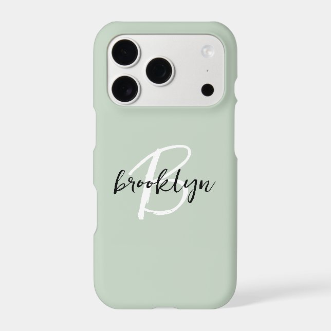 Trendy Sage Green Black White Script Monogram  (Back)