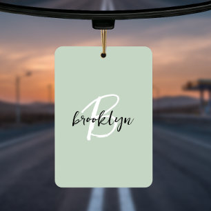Trendy Sage Green Black White Script Monogram  Car Air Freshener