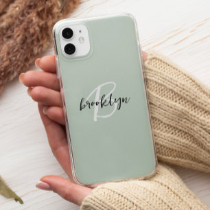 Trendy Sage Green Black White Script Monogram  Case-Mate iPhone Case