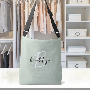 Trendy Sage Green Black White Script Monogram  Crossbody Bag