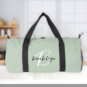 Trendy Sage Green Black White Script Monogram  Duffle Bag