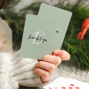 Trendy Sage Green Black White Script Monogram  Playing Cards