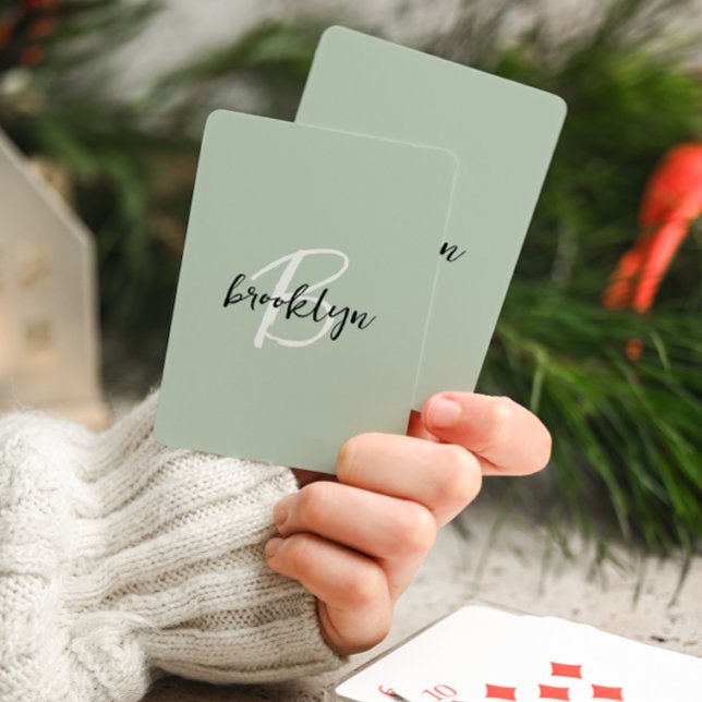 Trendy Sage Green Black White Script Monogram  Playing Cards (Creator Uploaded)