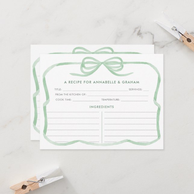 Trendy Sage Green Bow Bridal Shower Recipe Card (Front/Back In Situ)