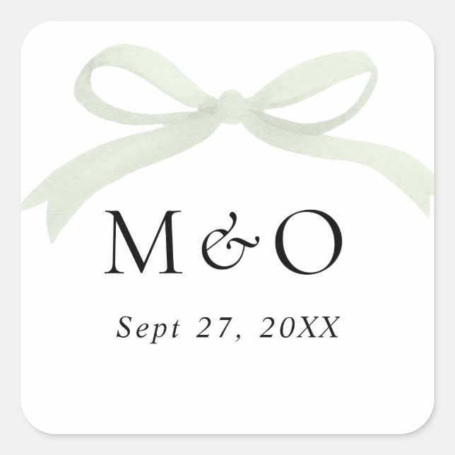 Trendy Sage Green Bow Watercolor Monogram Wedding Square Sticker (Front)