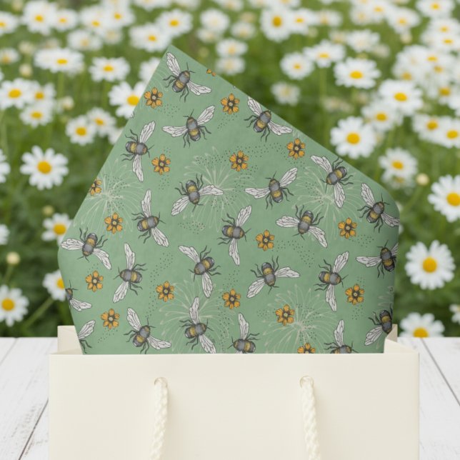 Trendy Sage Green Buzzing Honeybee for Summer Tissue Paper (Floral Bee Pattern Tissue Paper. Yellow & Black Honey Bees & Daisy Flowers Pattern in Sage Green)