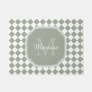 Trendy Sage Green Checked Monogrammed Name Doormat
