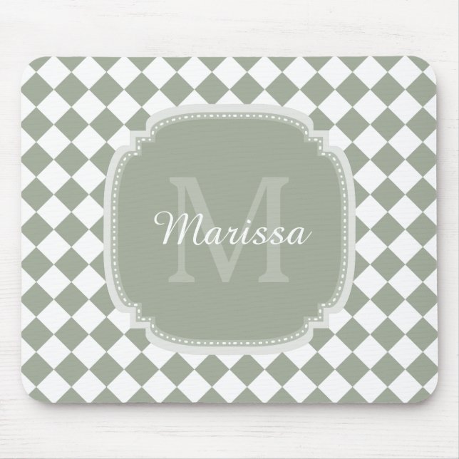 Trendy Sage Green Checked Monogrammed Name Mouse Pad (Front)
