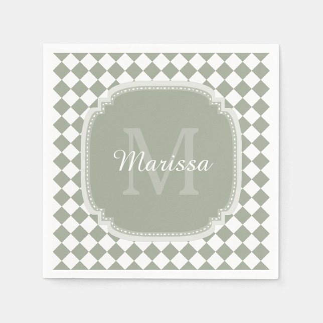 Trendy Sage Green Checked Monogrammed Name Napkin (Front)