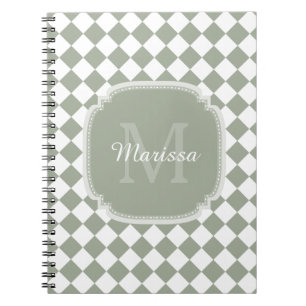 Trendy Sage Green Checked Monogrammed Name Notebook