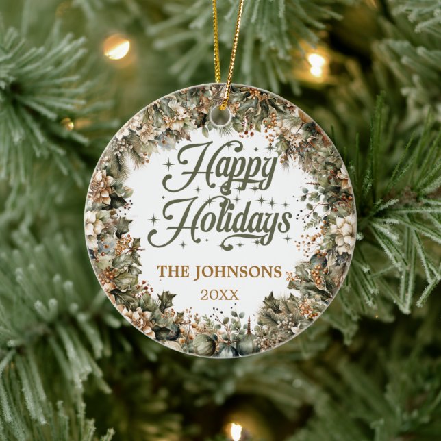 Trendy sage green faux gold Happy Holidays Family Ceramic Tree Decoration (Tree)