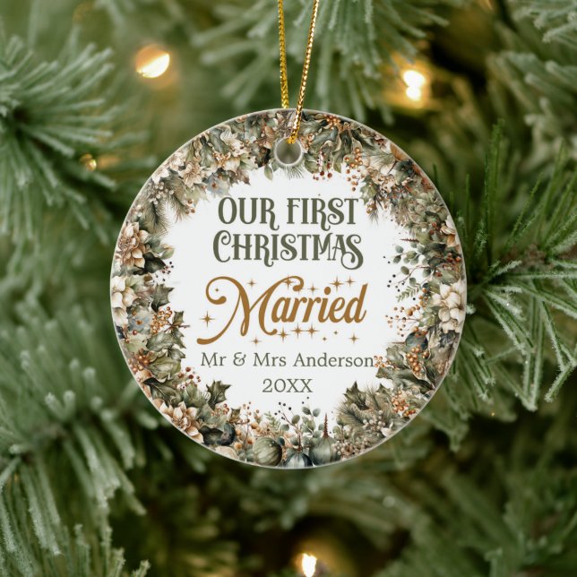 Trendy sage green faux gold Our First Christmas Ceramic Tree Decoration (Tree)