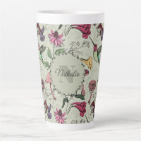 Trendy Sage Green Flowers & Hummingbird Monogram