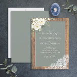 Trendy Sage Green Rustic Wood Script Lace Wedding Invitation<br><div class="desc">Step into a rustic and dreamy world with our Sage Green Eucalyptus White Floral Wood Lace Wedding Invitation. This elegant invitation features a charming combination of rustic and botanical elements, including delicate eucalyptus greenery, pristine white florals, and honeyed wood textures. The hand lettered script typography adds a touch of elegance,...</div>