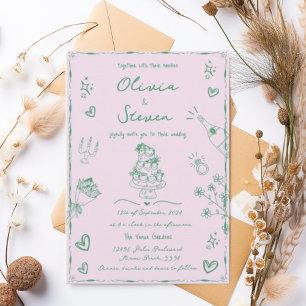Trendy Sage Hand Drawn Quirky Scribble Wedding Invitation