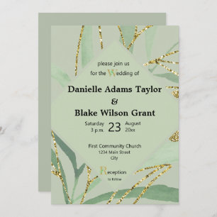 Trendy Sage Hues & Gold Glitter Wedding Invitation