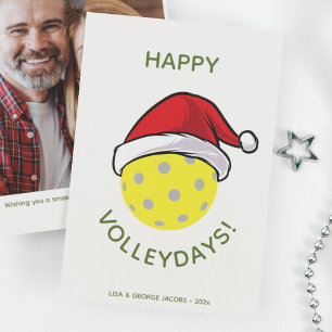 Trendy Santa Cap Pickleball White Christmas Photo Holiday Card