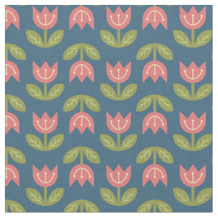 Trendy scandinavian red tulip on blue background fabric