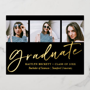 Trendy Script 3 Photo Graduation Real Foil Invitation Postcard