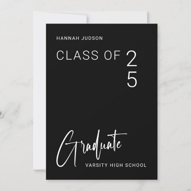 Trendy Script Black 2 Photos Graduation Party Announcement (Front)