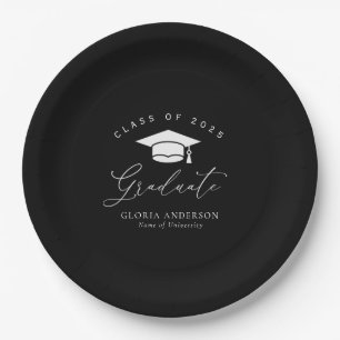 trendy script black graduation paper plate