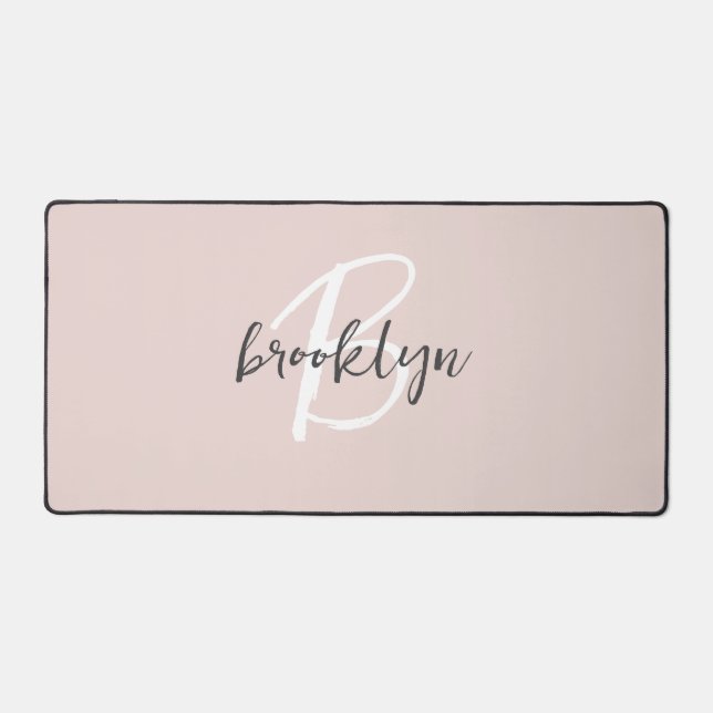 Trendy Script Blush Pink Grey Monogram Name Desk Mat (Front)