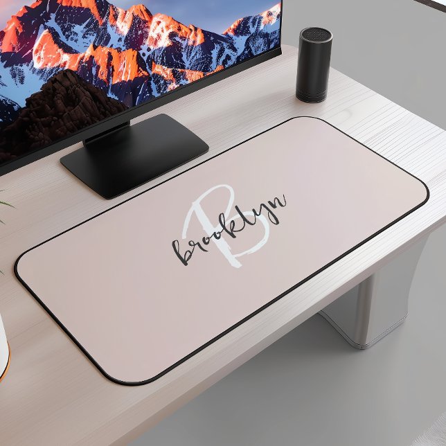 Trendy Script Blush Pink Grey Monogram Name Desk Mat (Creator Uploaded)