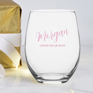 Trendy Script Calligraphy Personalised Custom Pink Stemless Wine Glass