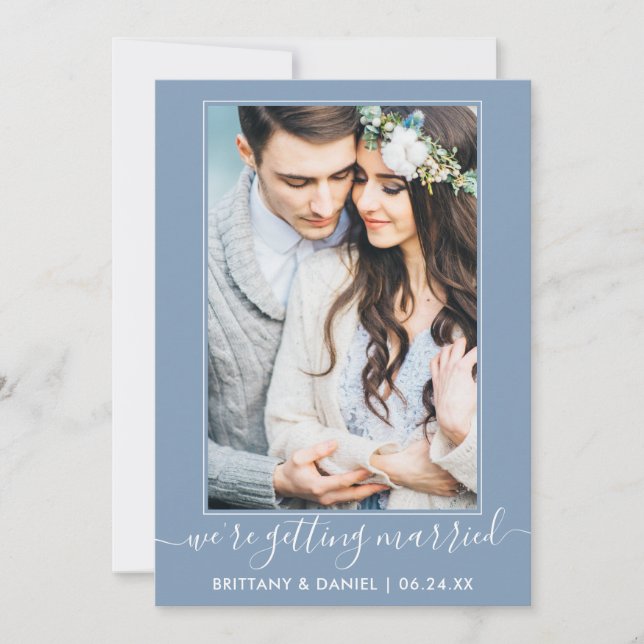 Trendy Script Getting Married Dusty Blue Save The Date (Front)