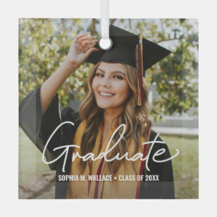 Trendy Script Graduate Personalised Photo Glass Tree Decoration