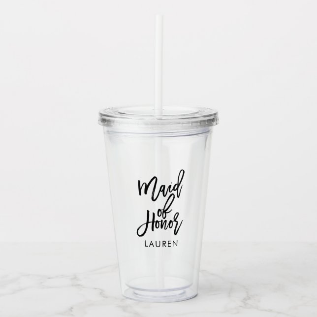 Trendy Script "Maid of Honour" Wedding Acrylic Tumbler (Front)