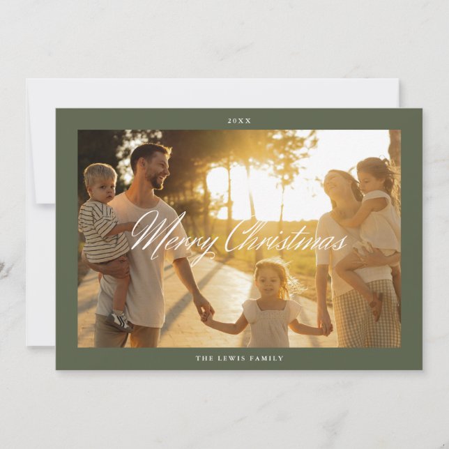 Trendy Script Merry Christmas Simple One Photo Holiday Card (Front)