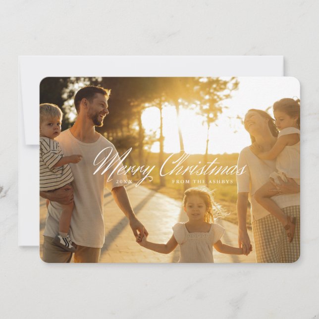 Trendy Script Merry Christmas Simple One Photo Holiday Card (Front)