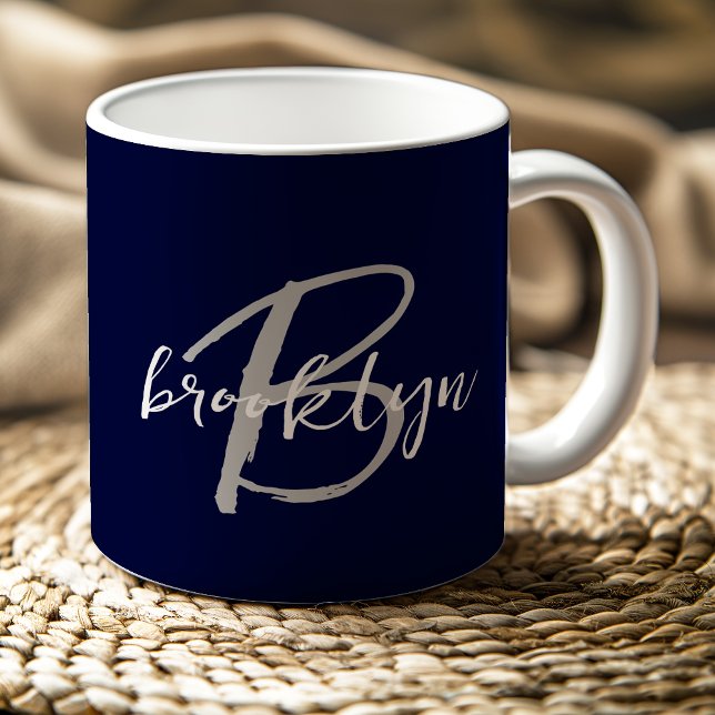 Trendy Script Monogram Navy Blue Grey White Coffee Mug (Creator Uploaded)