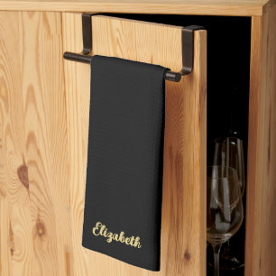 Trendy Script Name Elegant Black And Gold Template Tea Towel
