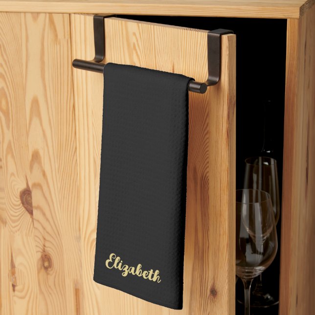 Trendy Script Name Elegant Black And Gold Template Tea Towel (Thirds Fold)