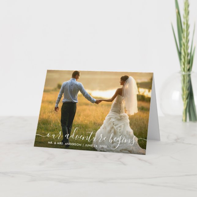 Trendy Script Our Adventure Begins Wedding Fold Thank You Card (Front)