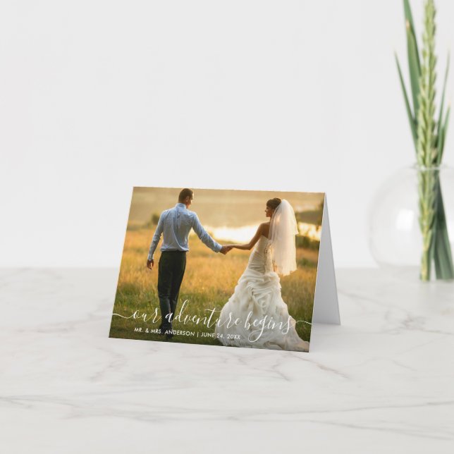 Trendy Script Our Adventure Begins Wedding Note Thank You Card (Front)