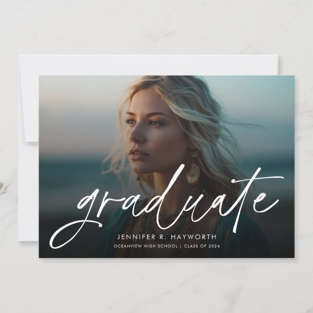 Trendy Script Overlay Multi Photo Graduation Announcement (Front)