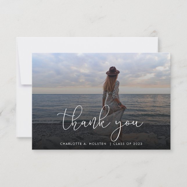 Trendy Script Overlay Multi Photo Graduation  Thank You Card (Front)