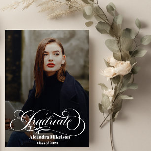 Trendy Script Overlay  Two Photo Graduation Announcement