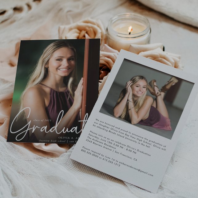 Trendy Script Overlay Two Photo Graduation  Announcement (Creator Uploaded)