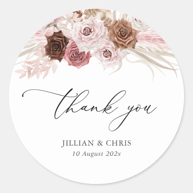 trendy script pampas dusty pink wedding classic round sticker (Front)