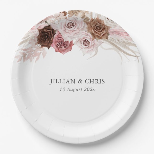 trendy script pampas dusty pink wedding paper plate (Front)