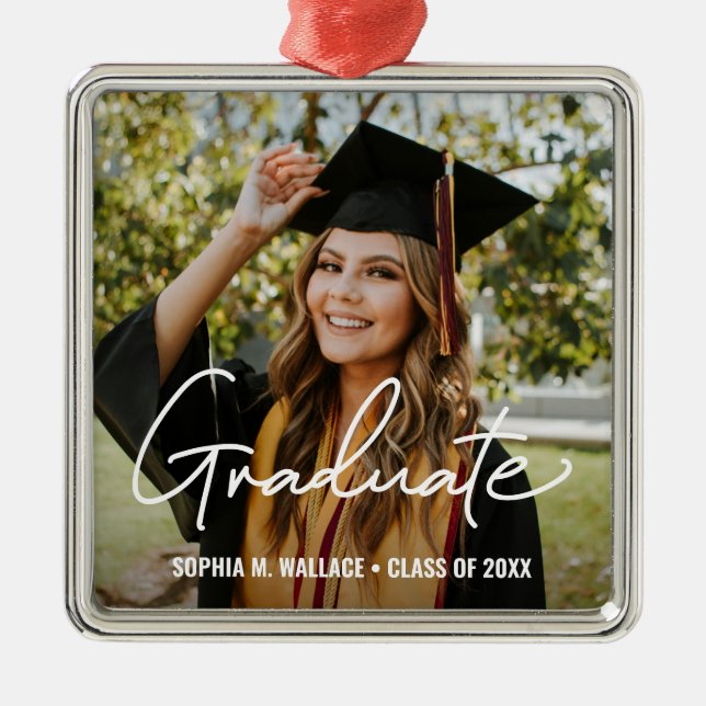 Trendy Script Personalized Photo Graduate Metal Tree Decoration (Front)