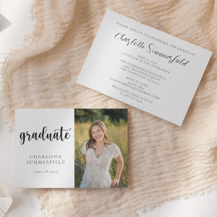 Trendy Script Photo Black & White Graduation Invitation