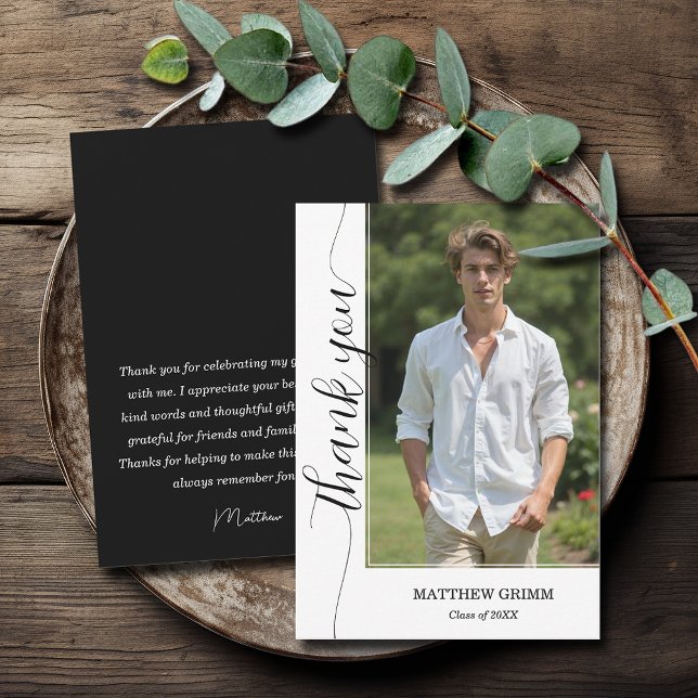 Trendy Script Photo Graduation Thank You Card (3.5" x 5" trendy script photo graduation flat thank you cards with your message on the back)