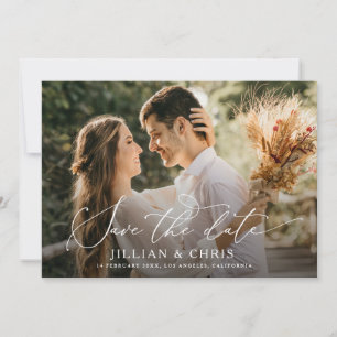 trendy script photo wedding save the date card