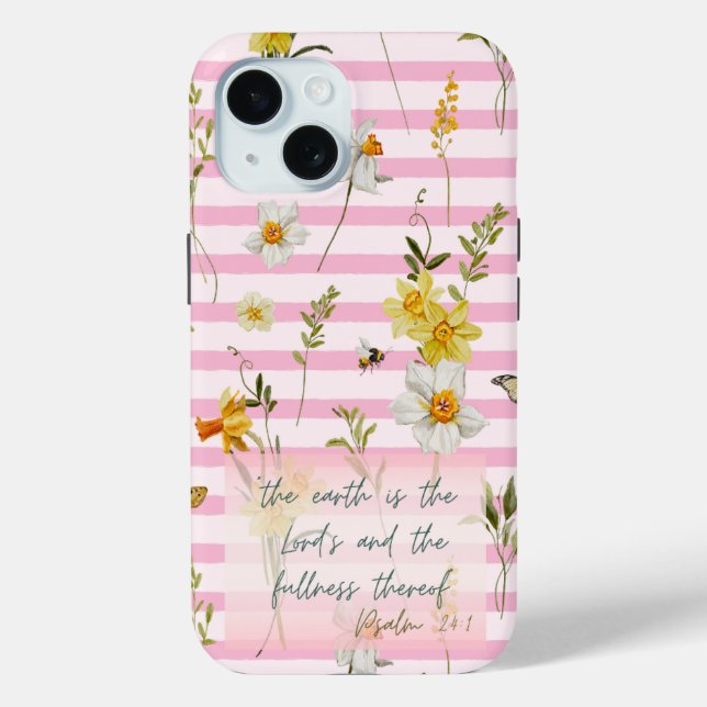 Trendy Scripture Pink Stripe Yellow Daffodils Bees Case-Mate iPhone Case (Back)