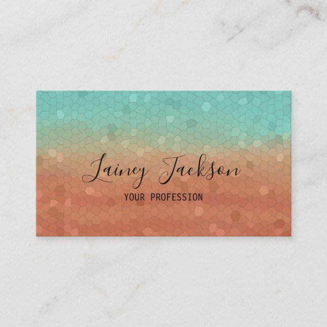Trendy sea green and burnt orange abstract mosaic business card (Front)